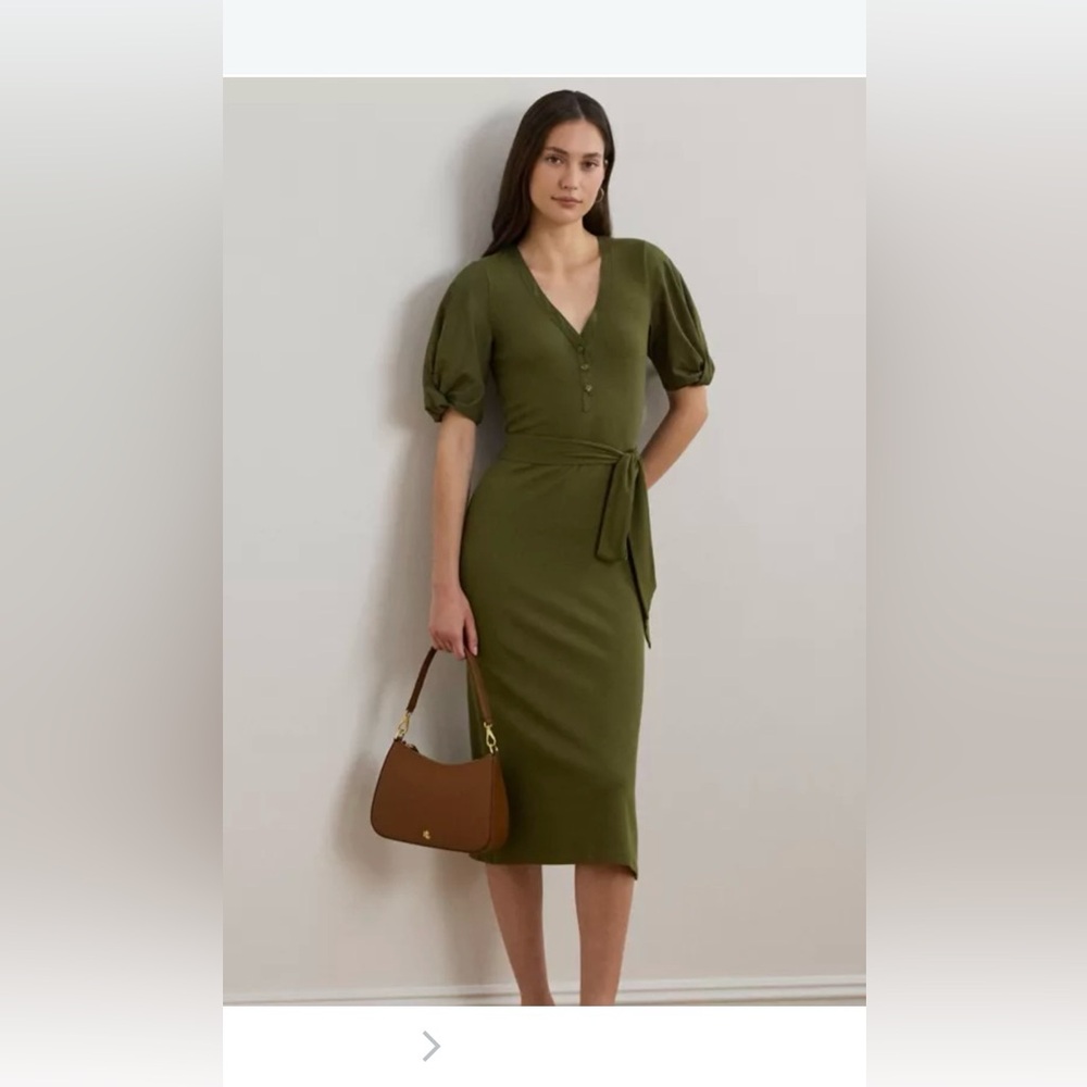 Ralph Lauren Olive Green V-Neck Tie-Waist Midi Dress with Puff Sleeves